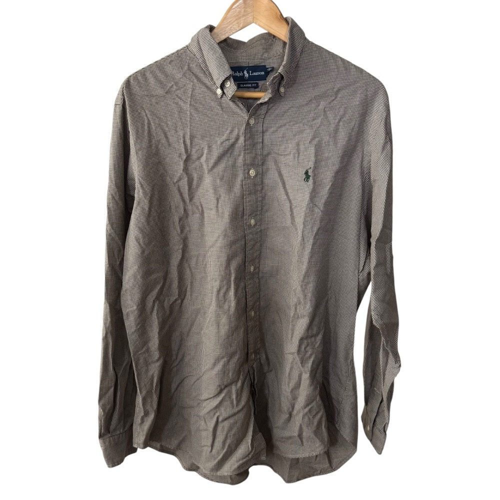 Ralph Lauren Brown Houndstooth Casual Button Down Shirt Men’s Size L Classic